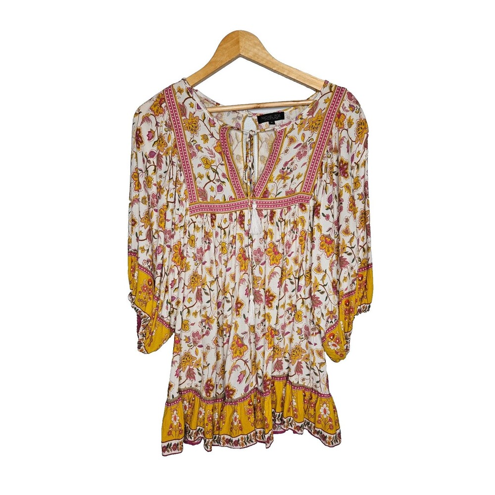 RACHEL ZOE Floral Babydoll Blouse M Boho Ruffles Tassels Balloon Sleeves Relaxed